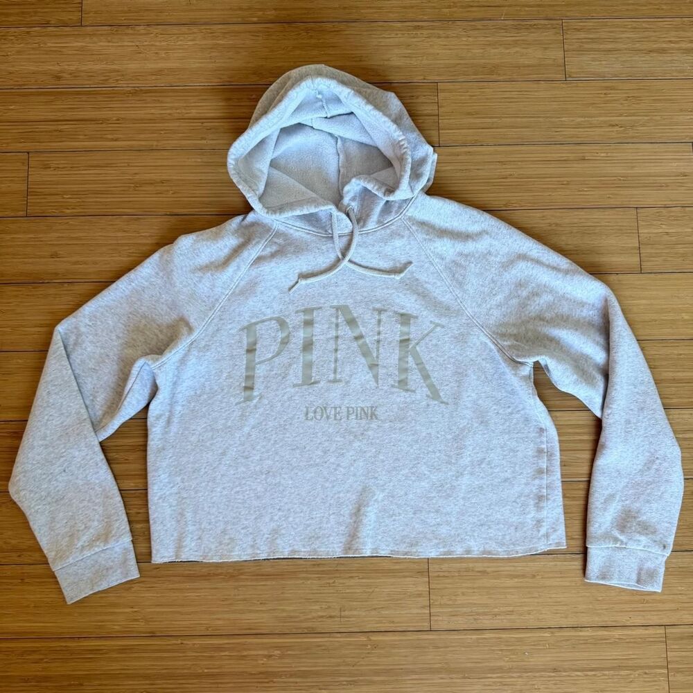PINK Victoria’s Secret Cropped Hoodie Large Light Pink Gray Lightweight Y2K